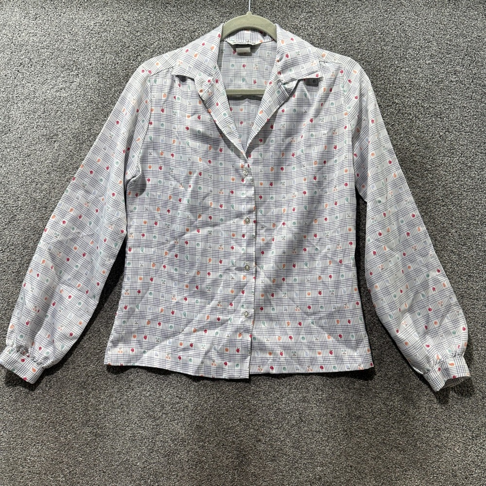 Vintage Alice Stuart Button Up Blouse Top Fruit Plaid Long Sleeve Cottage Picnic